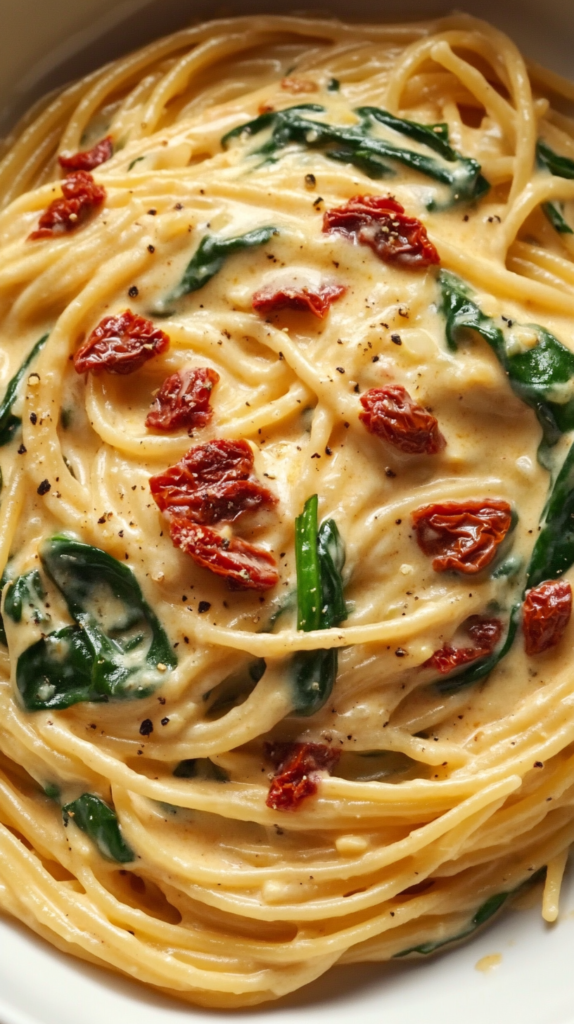 Spaghetti & Spinach with Sun-Dried Tomato Cream Sauce