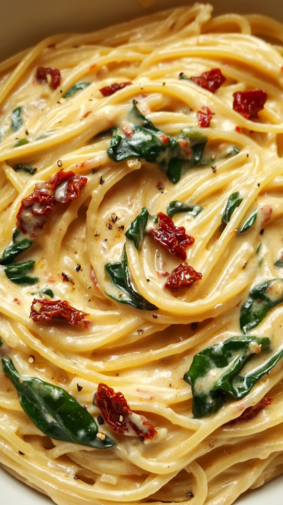 Spaghetti & Spinach with Sun-Dried Tomato Cream Sauce