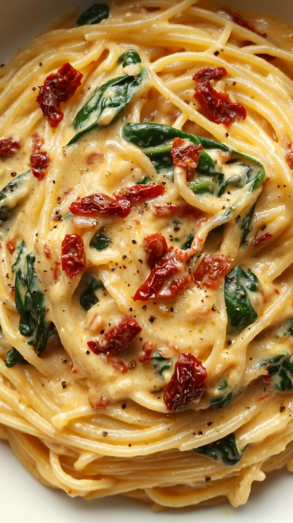 Spaghetti & Spinach with Sun-Dried Tomato Cream Sauce