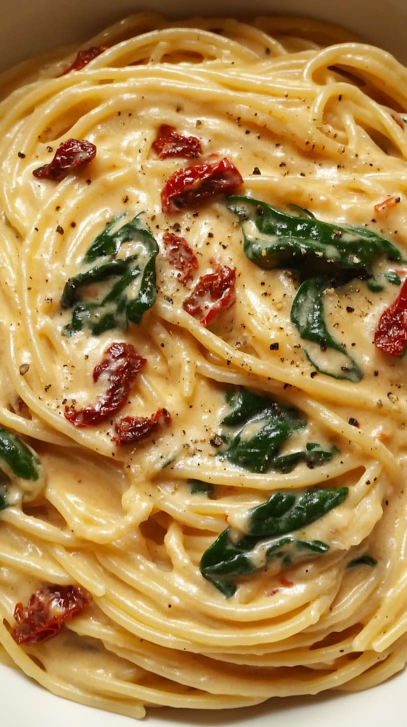 Spaghetti & Spinach with Sun-Dried Tomato Cream Sauce