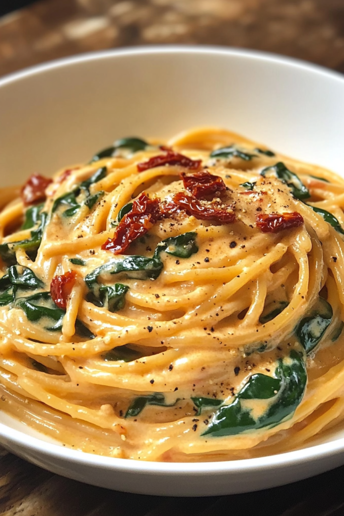 Spaghetti & Spinach with Sun-Dried Tomato Cream Sauce